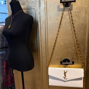 YSL White Leather Envelope Clutch Matching Chain EUC